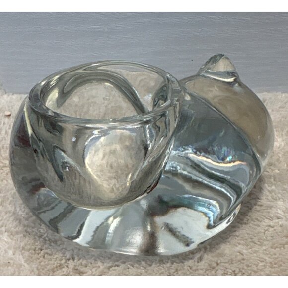 Glass Sleepy Cat Shaped Votive Tealight Candle Holder Clear 4.5" Heavy - Picture 5 of 10